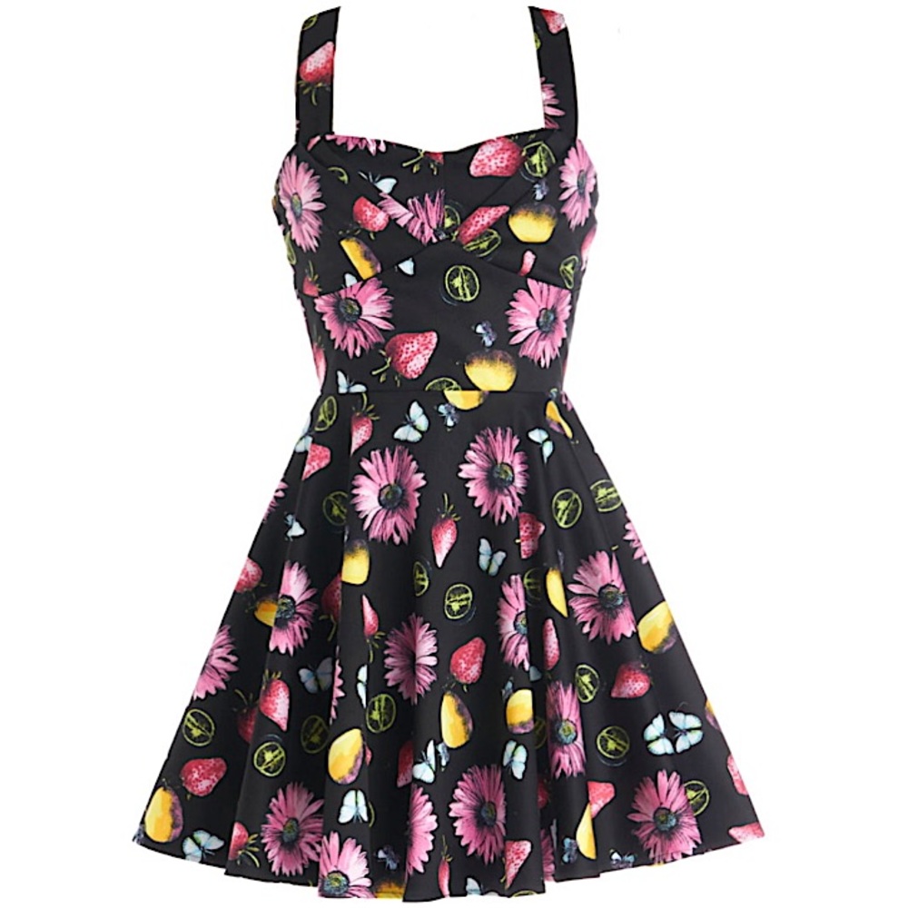 ANTHROPOLOGIE #127 Butterfly Floral Fruit Print 100% Cotton Skater Dress XS